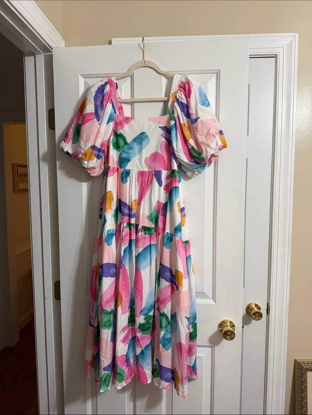 Entro Women's Colorful Watercolor Puff Sleeve Smocked Back Midi Dress Medium